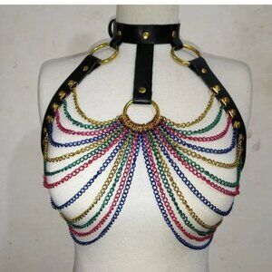 Black Faux Leather & Rainbow Metallic Chain Harness